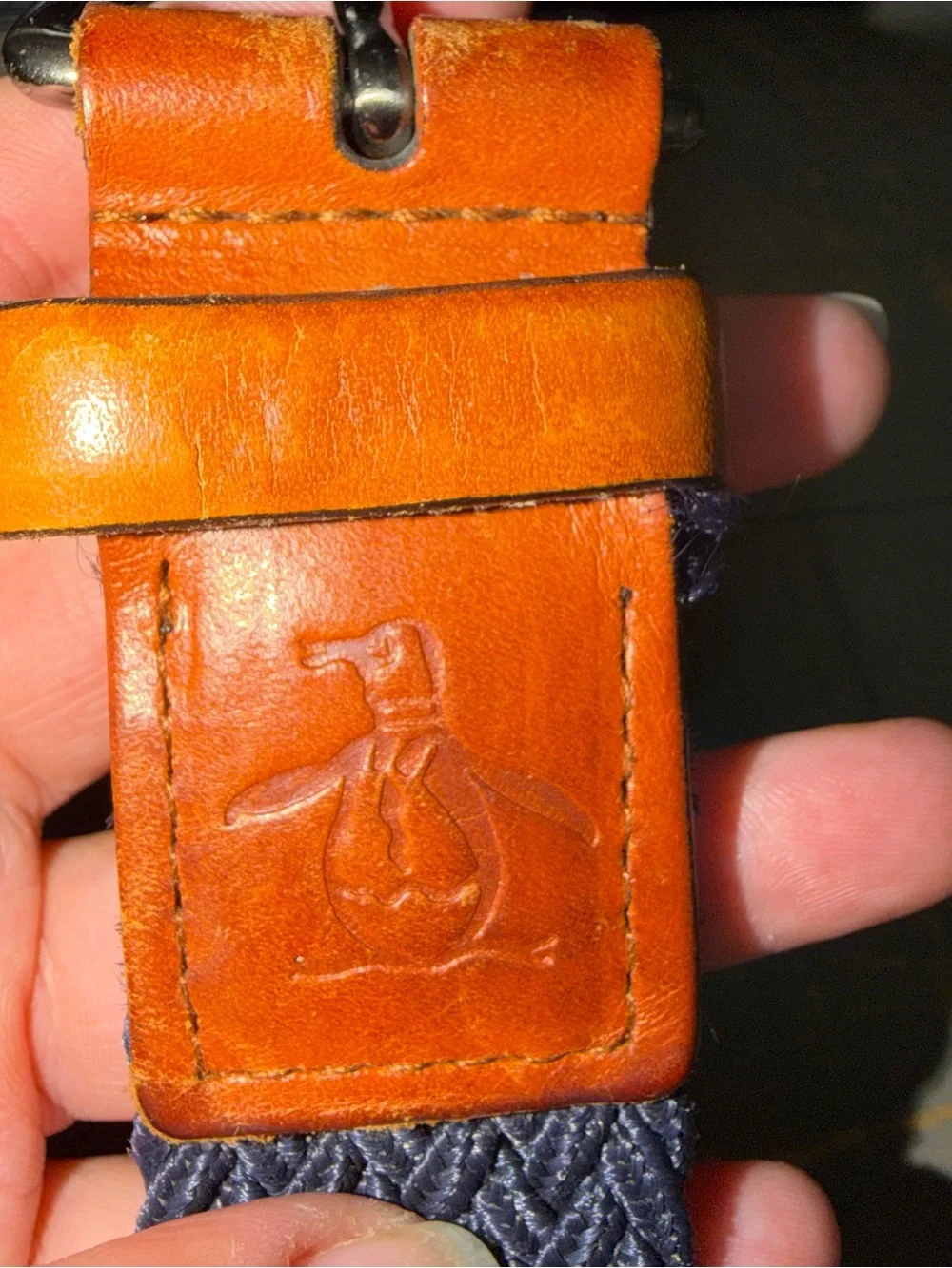 Men's original penguin 34-36 Navy Woven Belt with‎ Brown Leather Trim